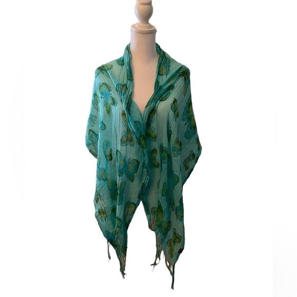 D&Y turquoise/green oblong fringed butterfly print scarf approx 23x72 EUC - Picture 1 of 4